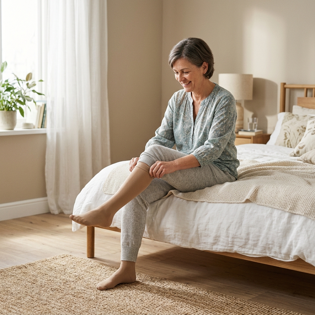Woman putting on compression stockings at home