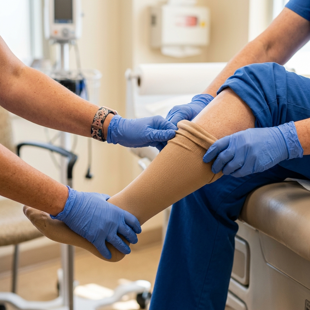Using gloves to put on compression stockings