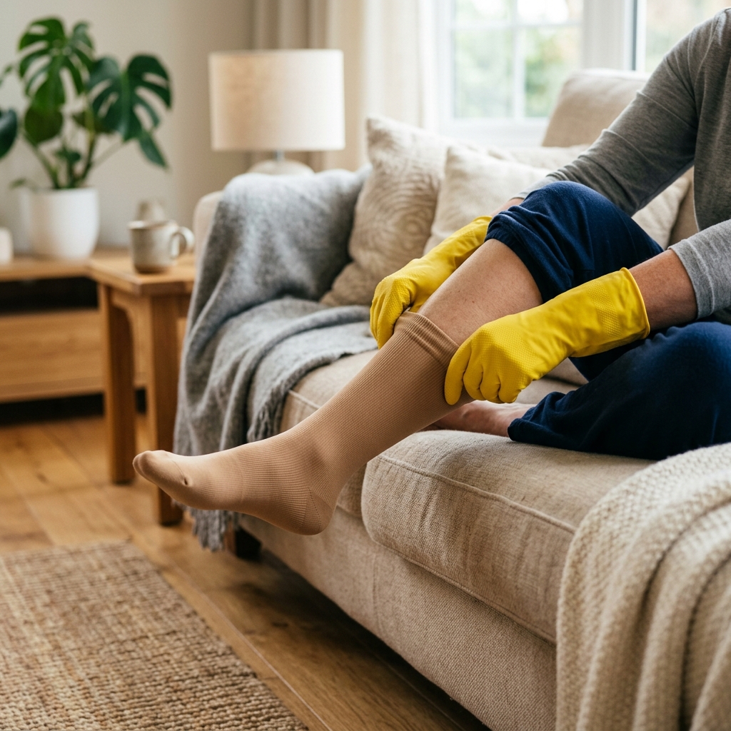 Using gloves to put on compression stockings