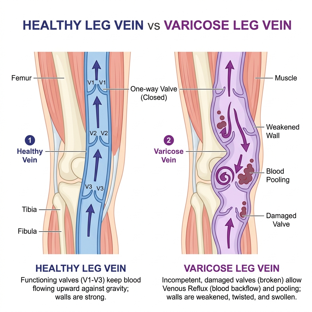 Healthy Leg Vein vs. Varicose Leg Vein Diagram